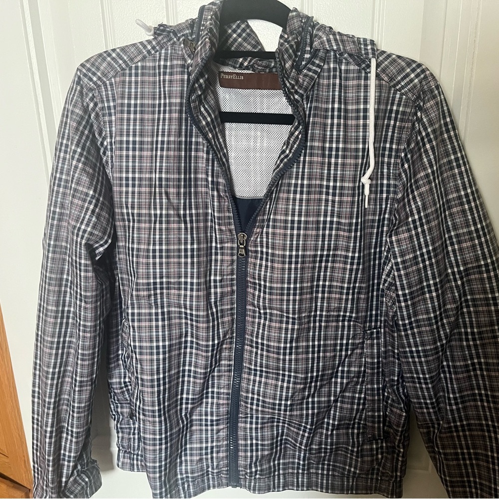 Perry Ellis Black and White Plaid Windbreaker